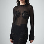 Designer sheer knit maxi dress by VARNA in black with tonal floral detail