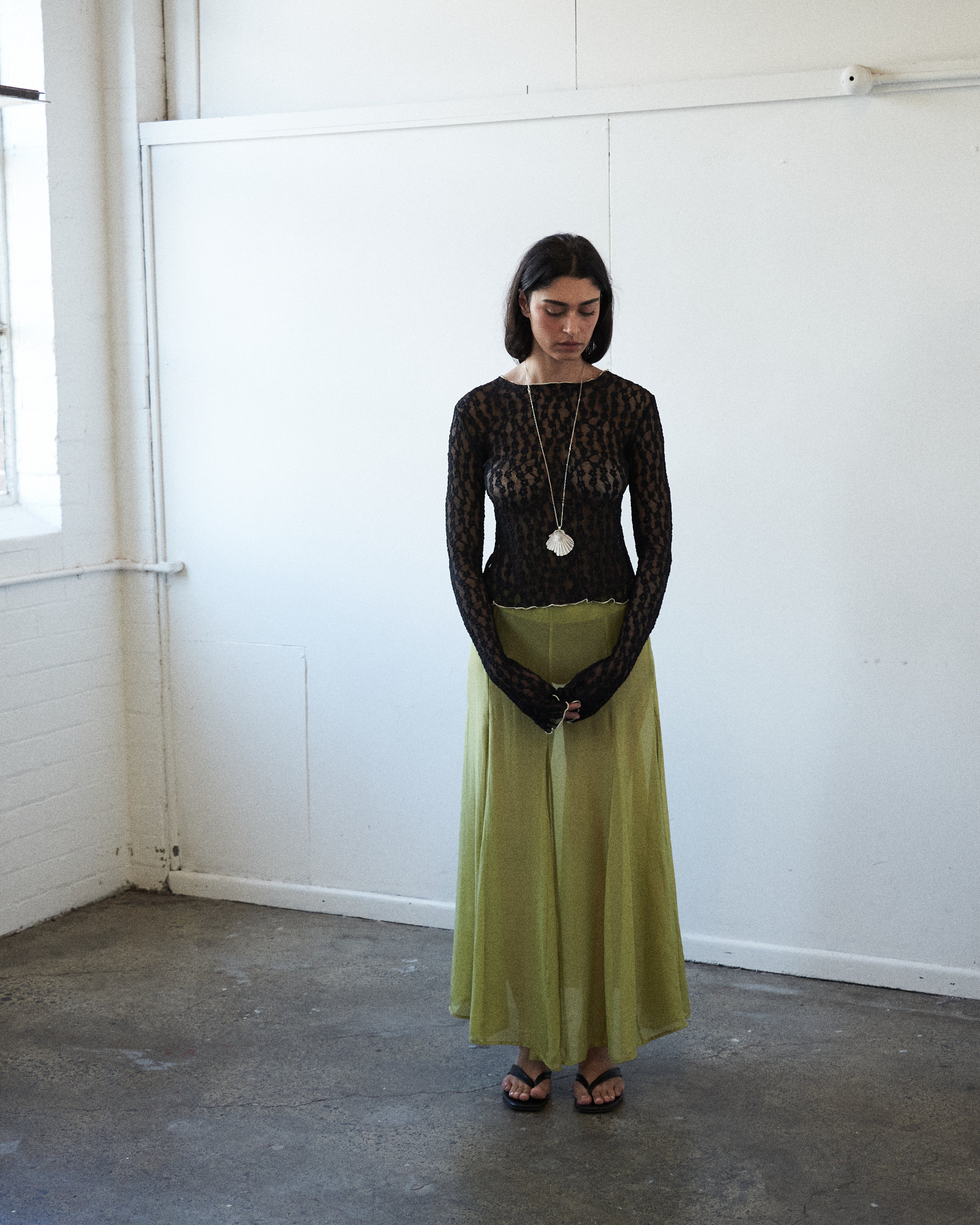 VARNA Arden Full Maxi Skirt in pear silk — designer full-length skirt styled for effortless elegance and natural flow.