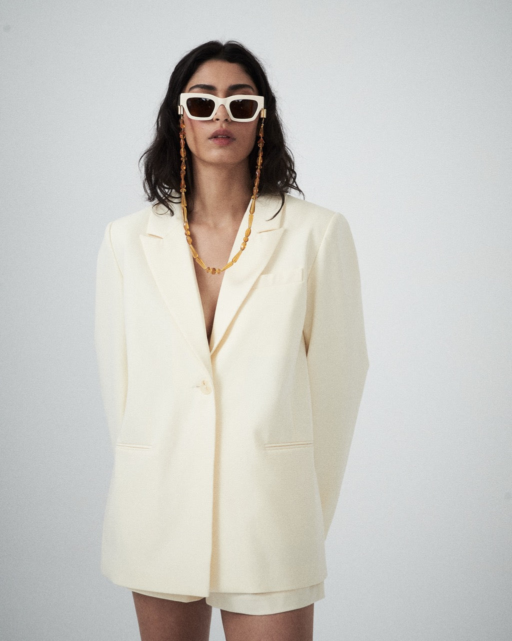 Front view of Enrica Tailored Shorts in Milk