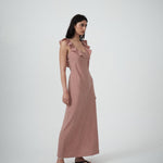 Three-quarter view of the check bias  Solan Ruffle Maxi Dress