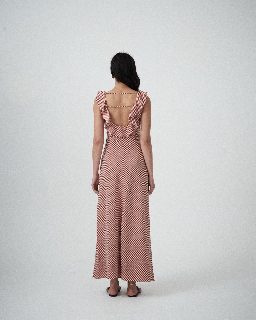 Back view of the Solan check bias Maxi Dress