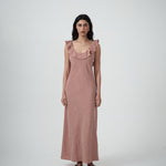 Front view of model wearing the Solan check bias Ruffle Maxi Dress