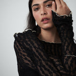 Close-up of VARNA Cecil Maxi Dress showing delicate black floral lace texture and trim detailing.