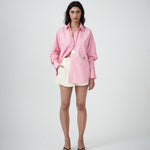 Model wearing Elara Tailored Shirt in Rosewater