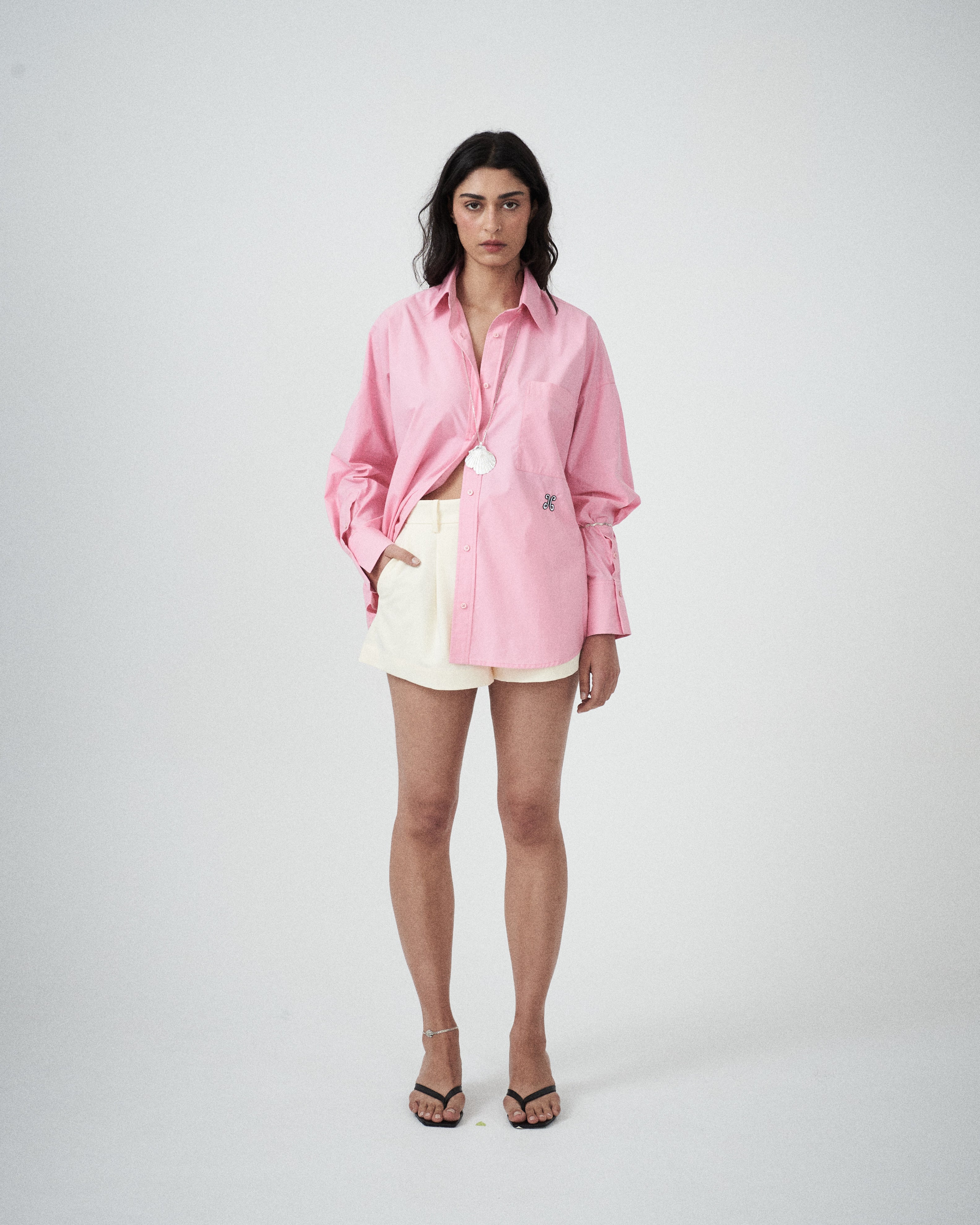 Model wearing Elara Tailored Shirt in Rosewater