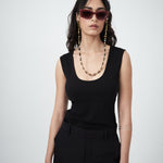 Detail shot of fabric texture on black knit top